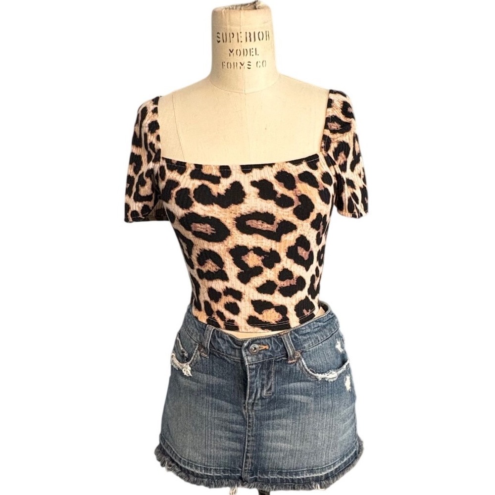 Leopard Print Puff Sleeve Crop Top Square Neck‎ Ribbed Stretch Fitted Y2K Small